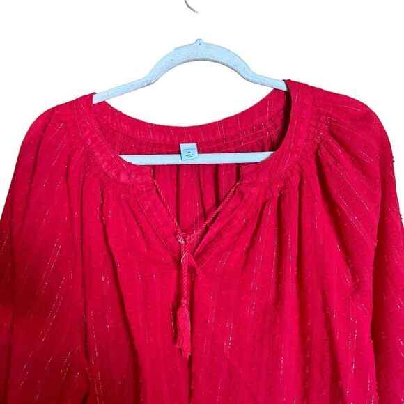Old Navy Top Womens XL Red Gold Metallic Stripe Flounce Cotton Blend Blouse - Picture 2 of 9